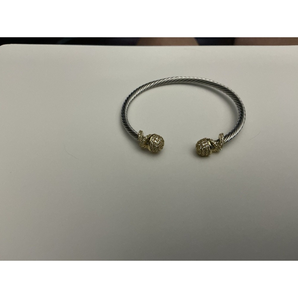 Two Tone Cable Cuff Bracelet Gold Pavé CZ Ends Silver Tone Waterproof